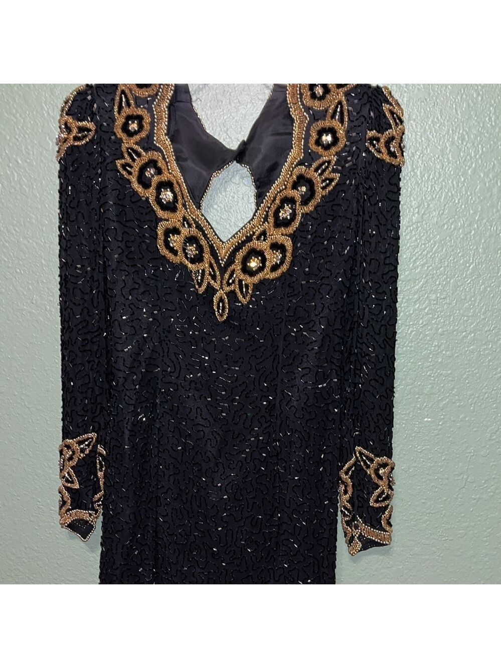 vintage long sleeve heavily beaded black and gold silk dress 70s 80s Morigana - Picture 3 of 8